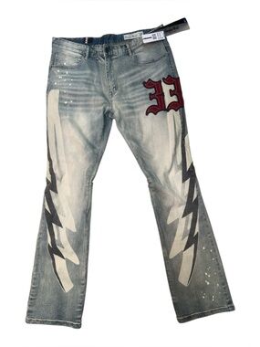 Sz 38 Smoke Rise Men's Stacked Flare Leg Triumph Denim Jeans - Palma Blue